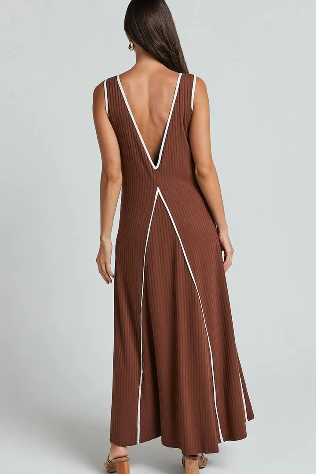 Cathleen Midi Dress 8211 Ribbed Sleeveless Low Back Dress In Chocolate With White Contrast Women Showpo Dresses