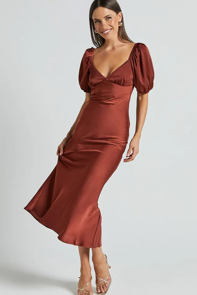 Catiana Midi Dress 8211 V Neck Short Puff Sleeve Slip Dress In Chocolate Women Showpo Dresses Catiana Midi Dress 8211 V Neck Short Puff Sleeve Slip Dress In Chocolate Women Showpo Dresses