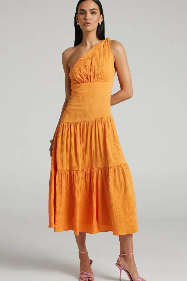 Celestia Midi Dress 8211 Tiered One Shoulder Dress In Mango Women Showpo Curve Clothes