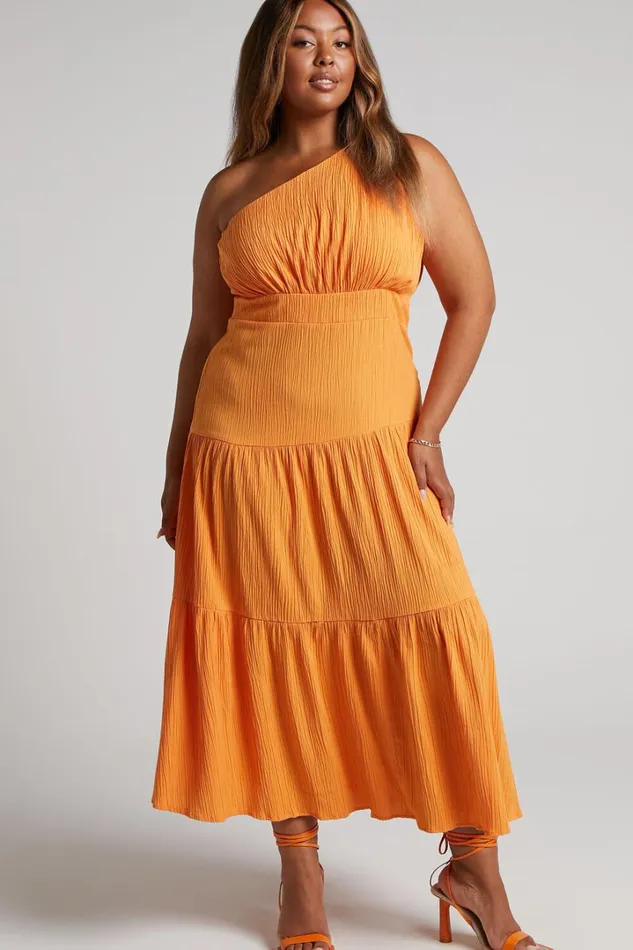 Celestia Midi Dress 8211 Tiered One Shoulder Dress In Mango Women Showpo Curve Clothes