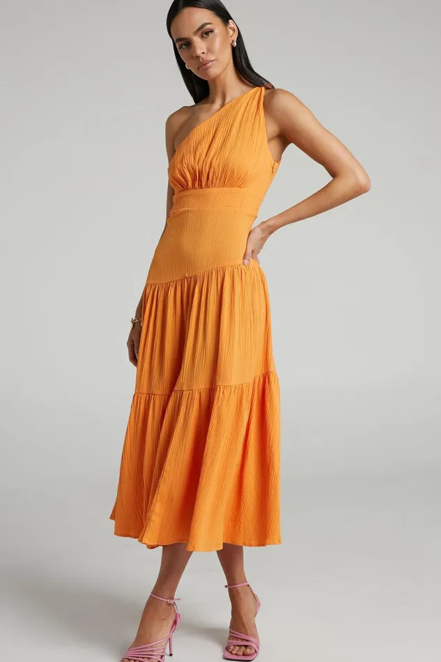 Celestia Midi Dress 8211 Tiered One Shoulder Dress In Mango Women Showpo Curve Clothes