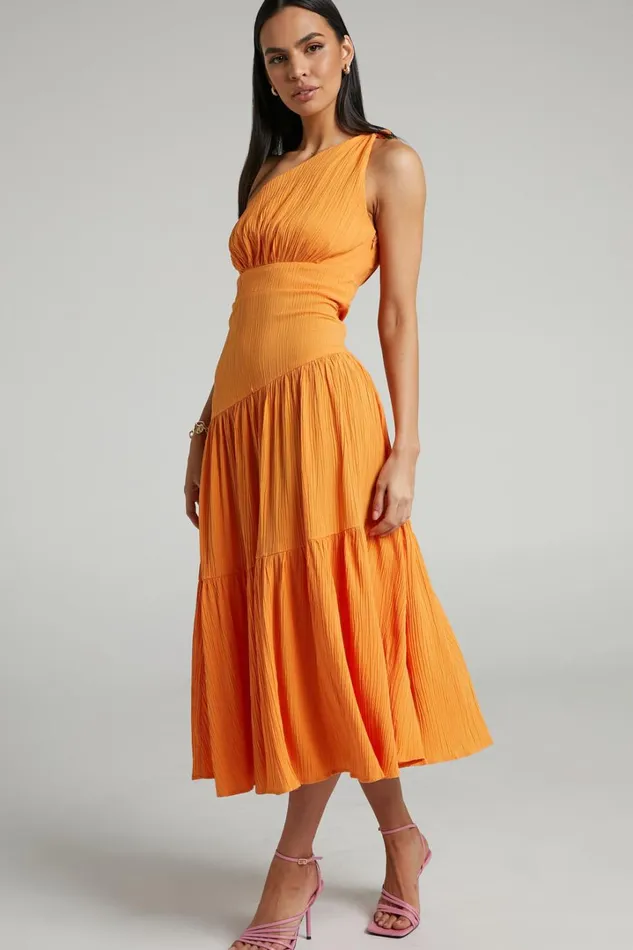 Celestia Midi Dress 8211 Tiered One Shoulder Dress In Mango Women Showpo Curve Clothes