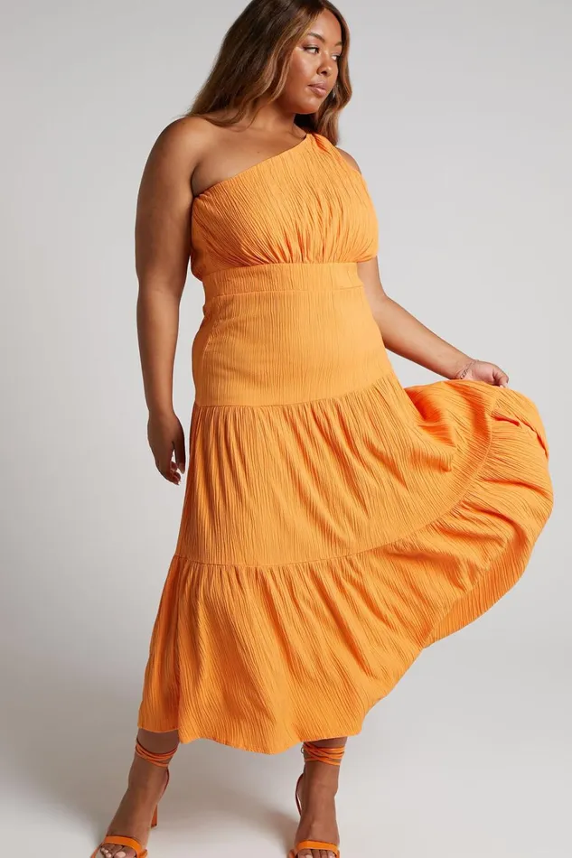 Celestia Midi Dress 8211 Tiered One Shoulder Dress In Mango Women Showpo Curve Clothes
