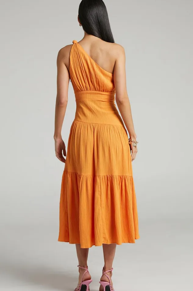Celestia Midi Dress 8211 Tiered One Shoulder Dress In Mango Women Showpo Curve Clothes