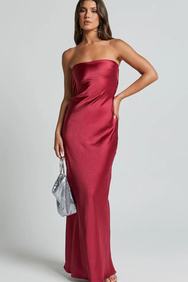 Charlita Maxi Dress 8211 Strapless Cowl Back Satin Dress In Berry Women Showpo Dresses