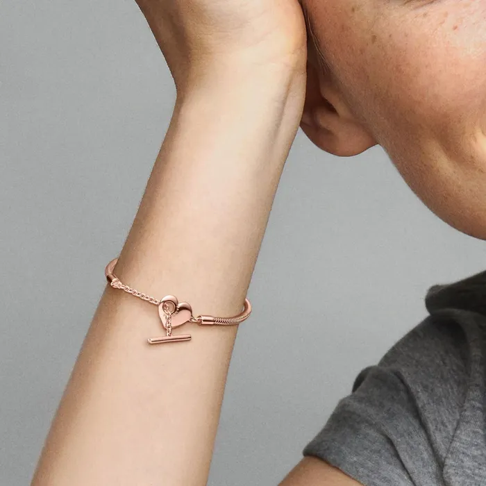 Charm Bracelets Women Pandora Online Moments Heart TBar Snake Chain Bracelet Rose Gold Plated