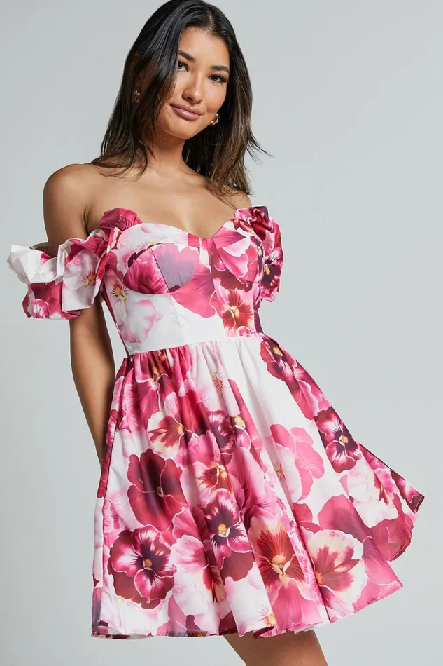 Cheryl Mini Dress 8211 Off The Shoulder Sweetheart Flare In Fiesta Floral Pink Women Showpo Dresses