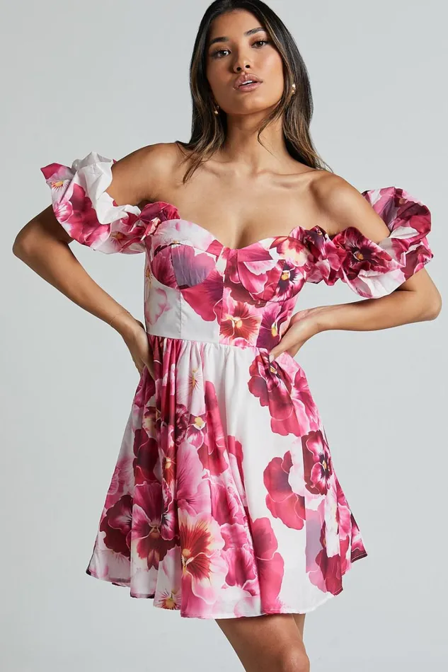 Cheryl Mini Dress 8211 Off The Shoulder Sweetheart Flare In Fiesta Floral Pink Women Showpo Dresses