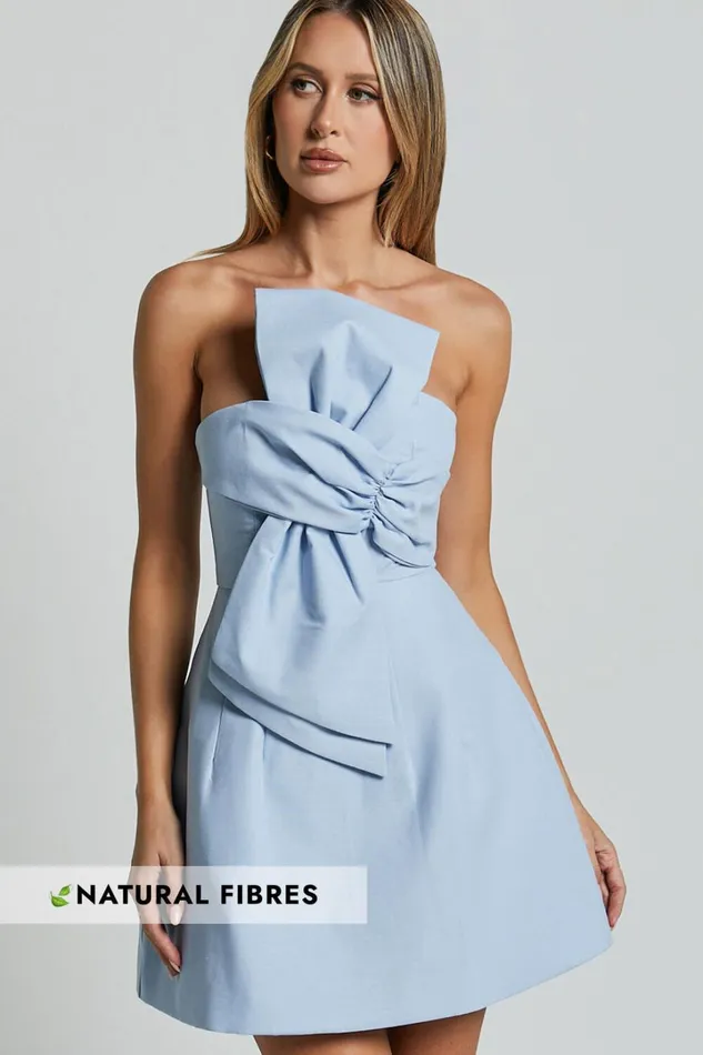 Chika Mini Dress 8211 Linen Look Strapless Front Bow Dress In Pale Blue Women Showpo Curve Clothes