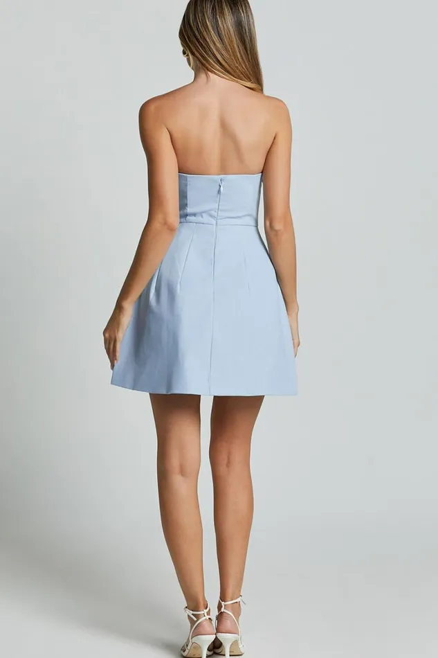 Chika Mini Dress 8211 Linen Look Strapless Front Bow Dress In Pale Blue Women Showpo Curve Clothes