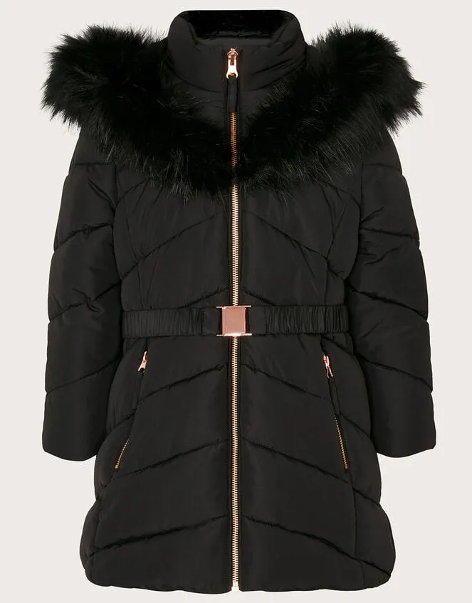 Children Belted Faux Fur Hooded Coat Black Monsoon Coats and Jackets