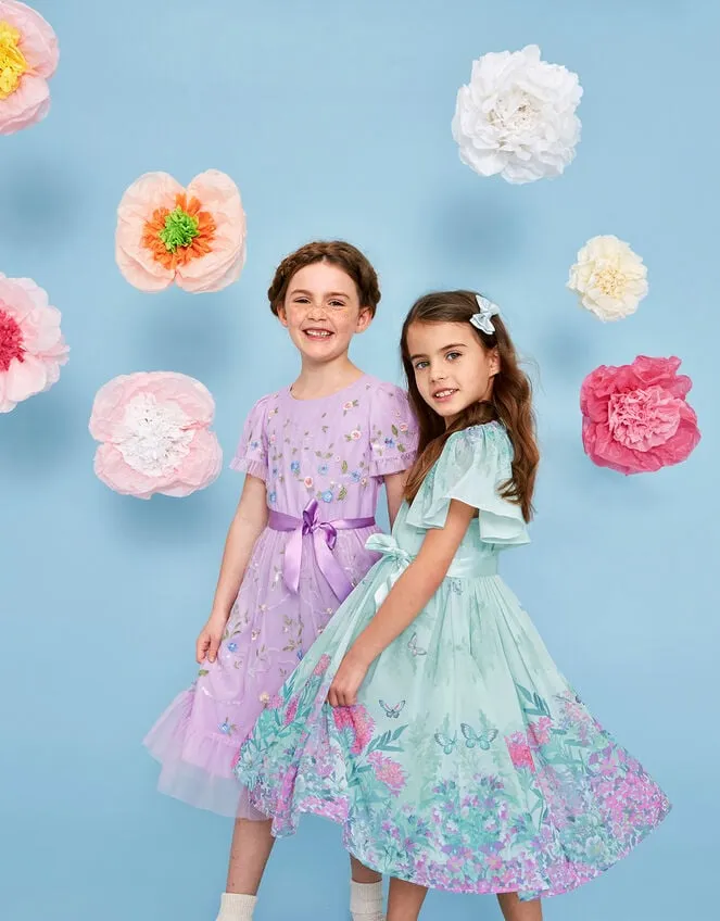 Children Botanical Print Satin Dress Green Monsoon Dresses