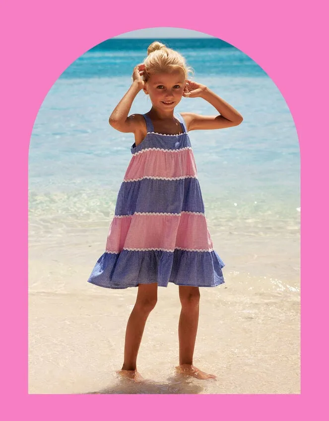 Children Sunuva Gingham Tiered Dress Pink Monsoon Beachwear and Swimwear