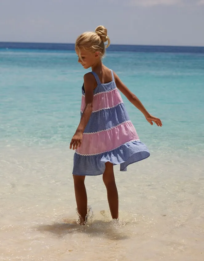 Children Sunuva Gingham Tiered Dress Pink Monsoon Beachwear and Swimwear