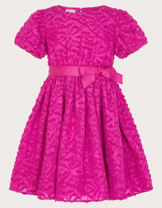 Children Textured Bow Waist Dress Pink Monsoon Dresses