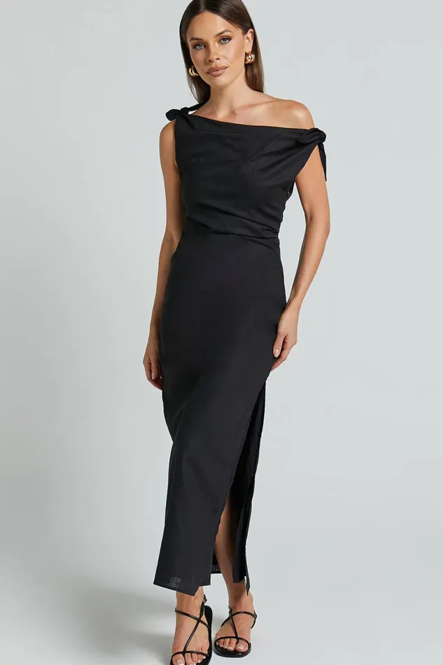 Cincinnati Midi Dress 8211 Off The Shoulder Side Split Column Linen Look Dress In Black Women Showpo Curve Clothes
