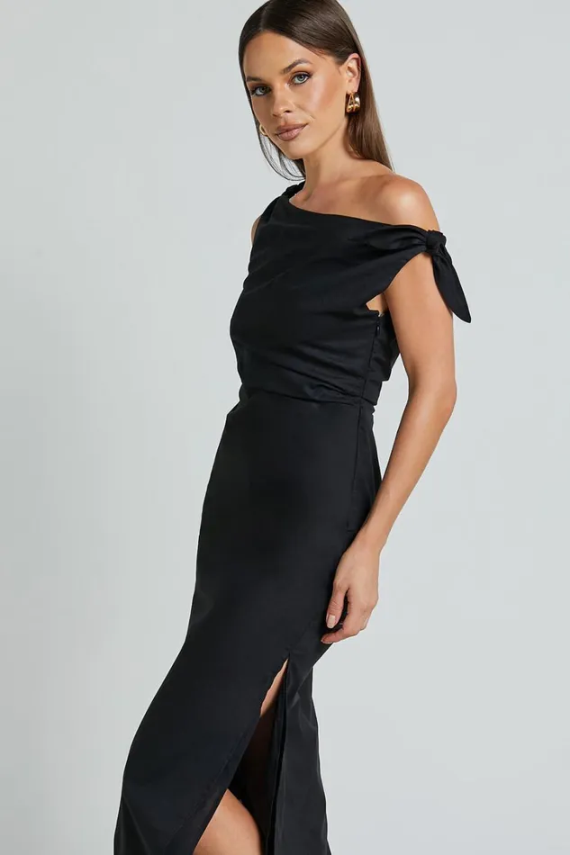 Cincinnati Midi Dress 8211 Off The Shoulder Side Split Column Linen Look Dress In Black Women Showpo Curve Clothes