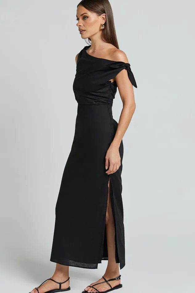 Cincinnati Midi Dress 8211 Off The Shoulder Side Split Column Linen Look Dress In Black Women Showpo Curve Clothes