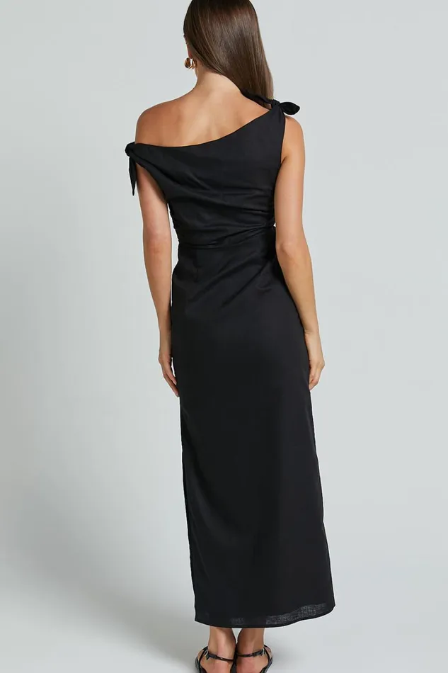 Cincinnati Midi Dress 8211 Off The Shoulder Side Split Column Linen Look Dress In Black Women Showpo Curve Clothes