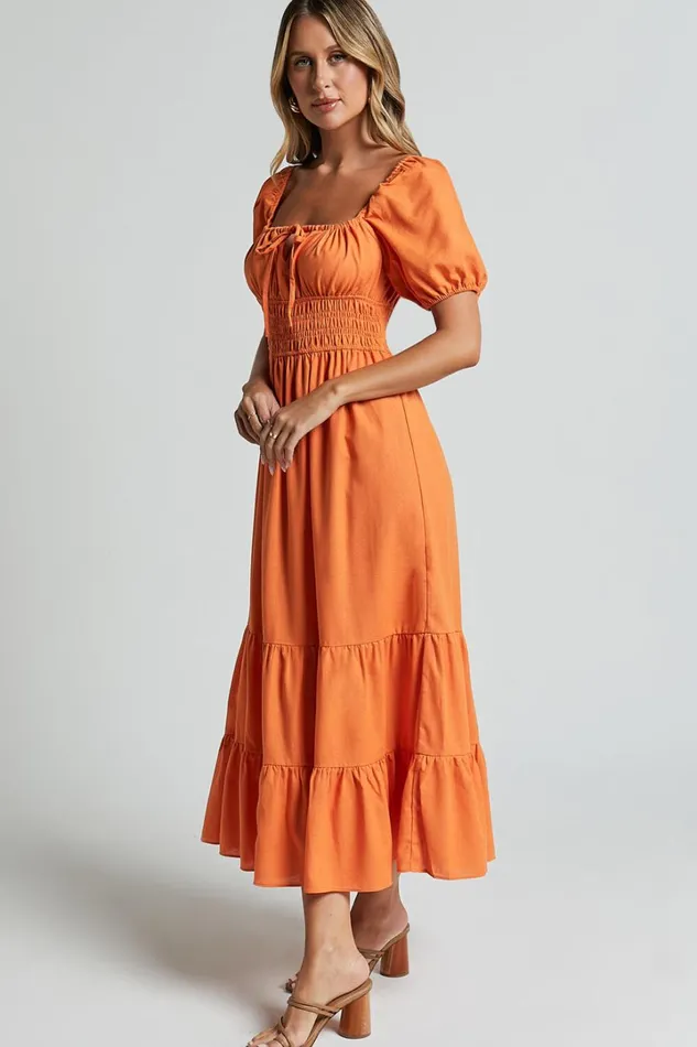 Claritza Midi Dress 8211 Linen Look Short Puff Sleeve Square Neck Tiered Dress In Sherbert Women Showpo Conscious