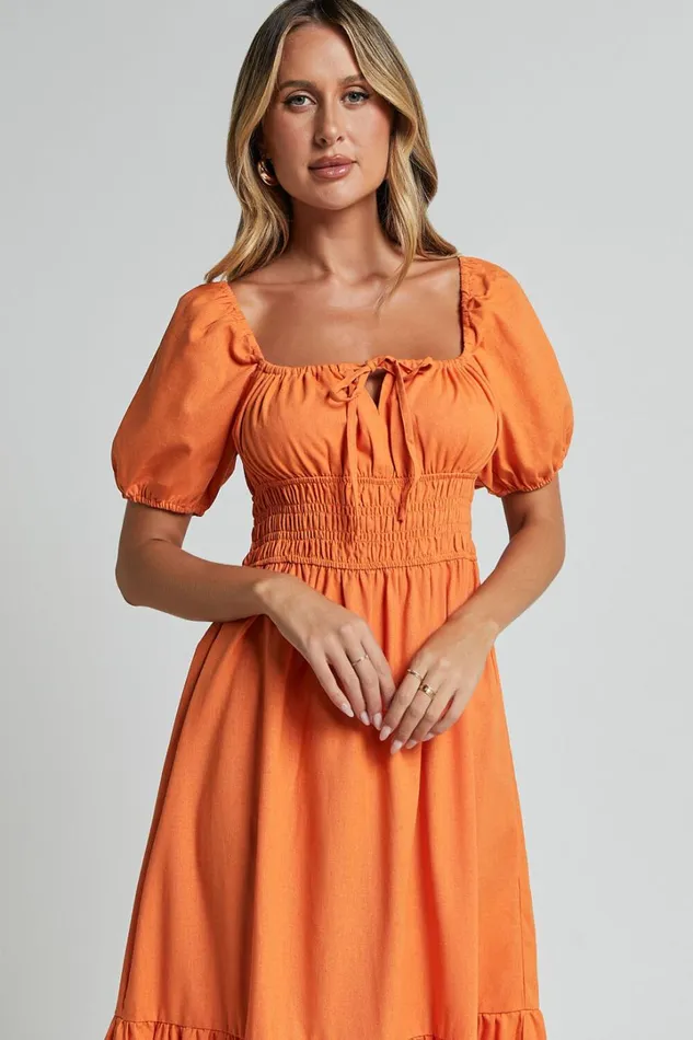 Claritza Midi Dress 8211 Linen Look Short Puff Sleeve Square Neck Tiered Dress In Sherbert Women Showpo Conscious