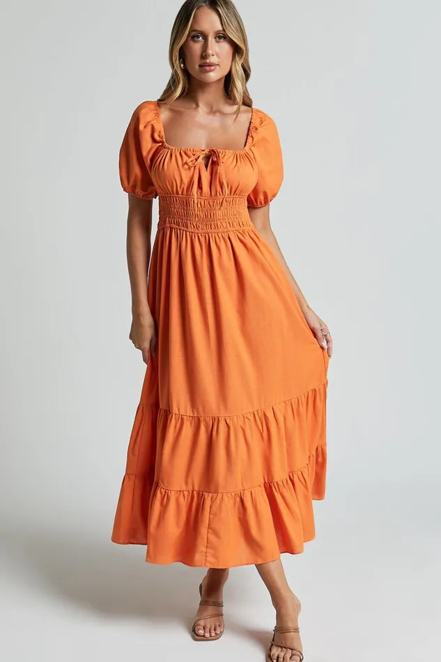 Claritza Midi Dress 8211 Linen Look Short Puff Sleeve Square Neck Tiered Dress In Sherbert Women Showpo Conscious