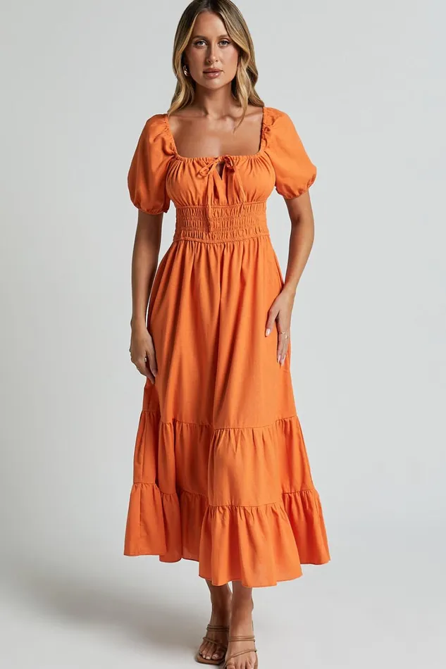 Claritza Midi Dress 8211 Linen Look Short Puff Sleeve Square Neck Tiered Dress In Sherbert Women Showpo Conscious