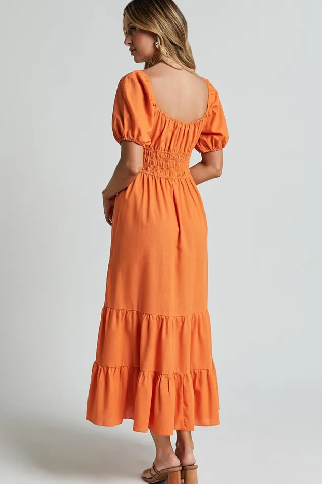 Claritza Midi Dress 8211 Linen Look Short Puff Sleeve Square Neck Tiered Dress In Sherbert Women Showpo Conscious