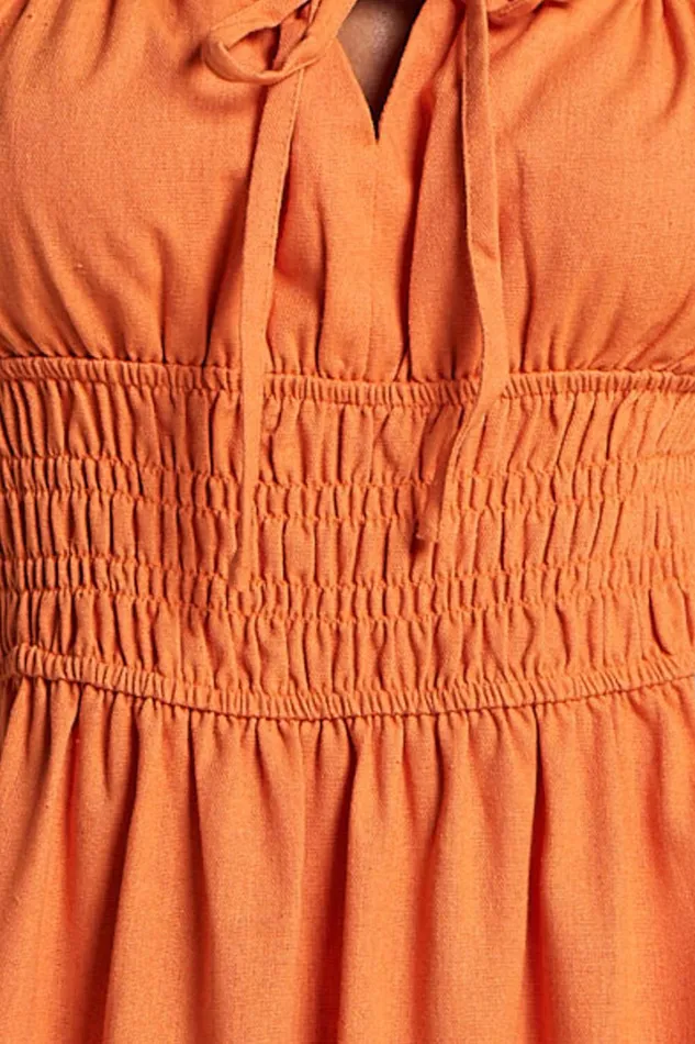 Claritza Midi Dress 8211 Linen Look Short Puff Sleeve Square Neck Tiered Dress In Sherbert Women Showpo Conscious