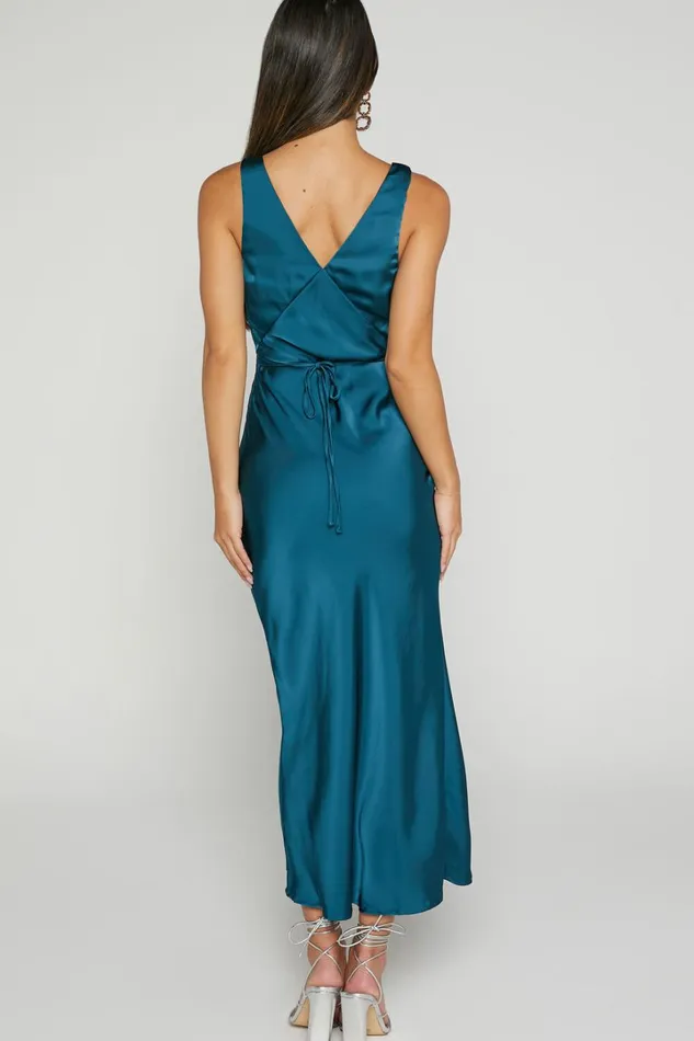 Clariztina Midi Dress 8211 Deep V Neck With Side Slit Dress In Teal Women Showpo Dresses