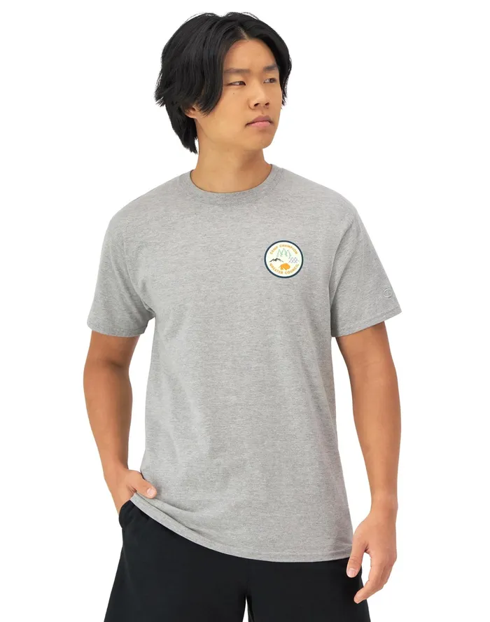 Classic Graphic TShirt Vintage Wash Badge And Pennant Comfort Wash Oxford Grey Men Champion TShirts and Tops
