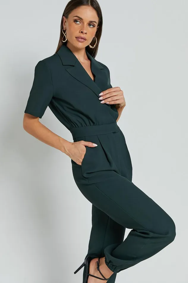 Coco Jumpsuit 8211 Collared Short Sleeve Straight Leg Jumpsuit In Forest Green Women Showpo Jumpsuits