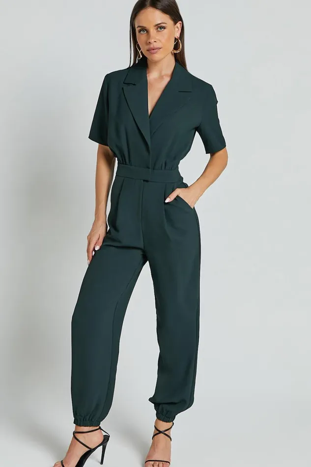 Coco Jumpsuit 8211 Collared Short Sleeve Straight Leg Jumpsuit In Forest Green Women Showpo Jumpsuits