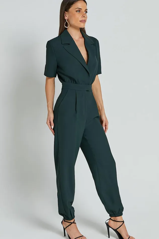 Coco Jumpsuit 8211 Collared Short Sleeve Straight Leg Jumpsuit In Forest Green Women Showpo Jumpsuits