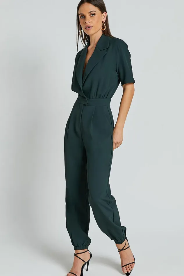 Coco Jumpsuit 8211 Collared Short Sleeve Straight Leg Jumpsuit In Forest Green Women Showpo Jumpsuits