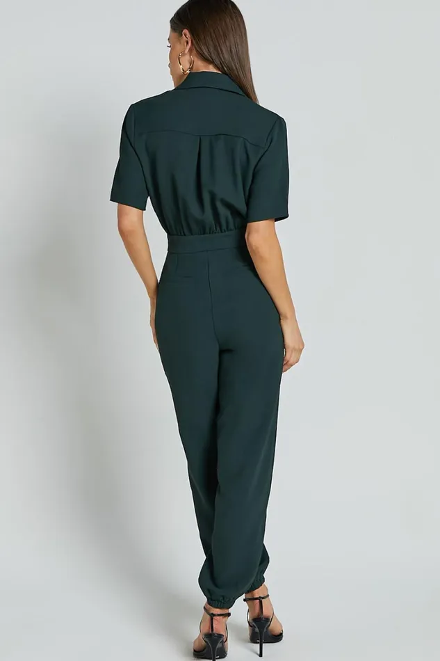 Coco Jumpsuit 8211 Collared Short Sleeve Straight Leg Jumpsuit In Forest Green Women Showpo Jumpsuits