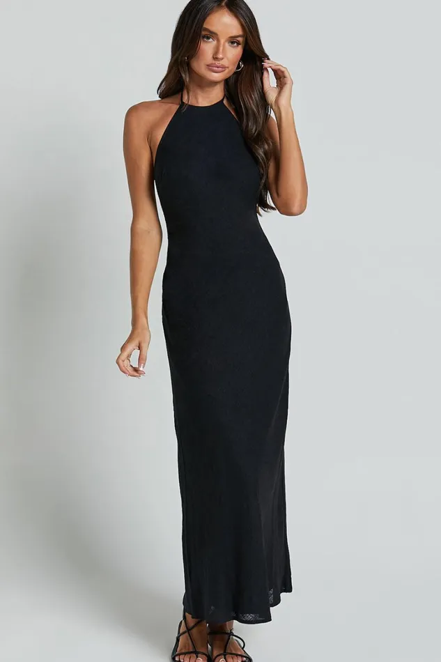 Cyrena Maxi Dress 8211 Linen Look Halter Neck Sleeveless Slip Dress In Black Women Showpo Dresses