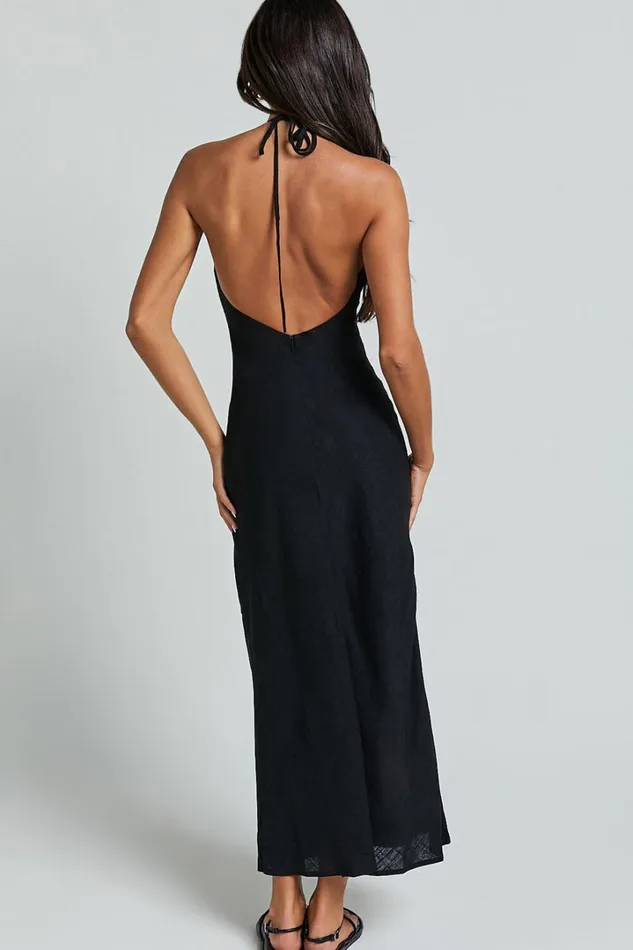 Cyrena Maxi Dress 8211 Linen Look Halter Neck Sleeveless Slip Dress In Black Women Showpo Dresses
