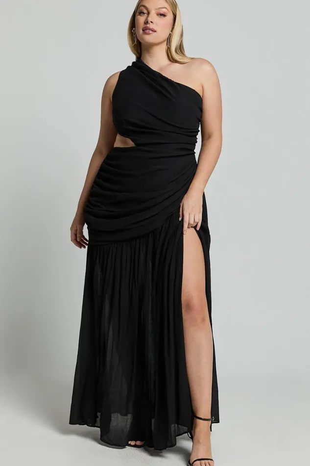 Darcy Maxi Dress 8211 One Shoulder Side Cut Out Gathered Dress In Black Women Showpo Curve Clothes
