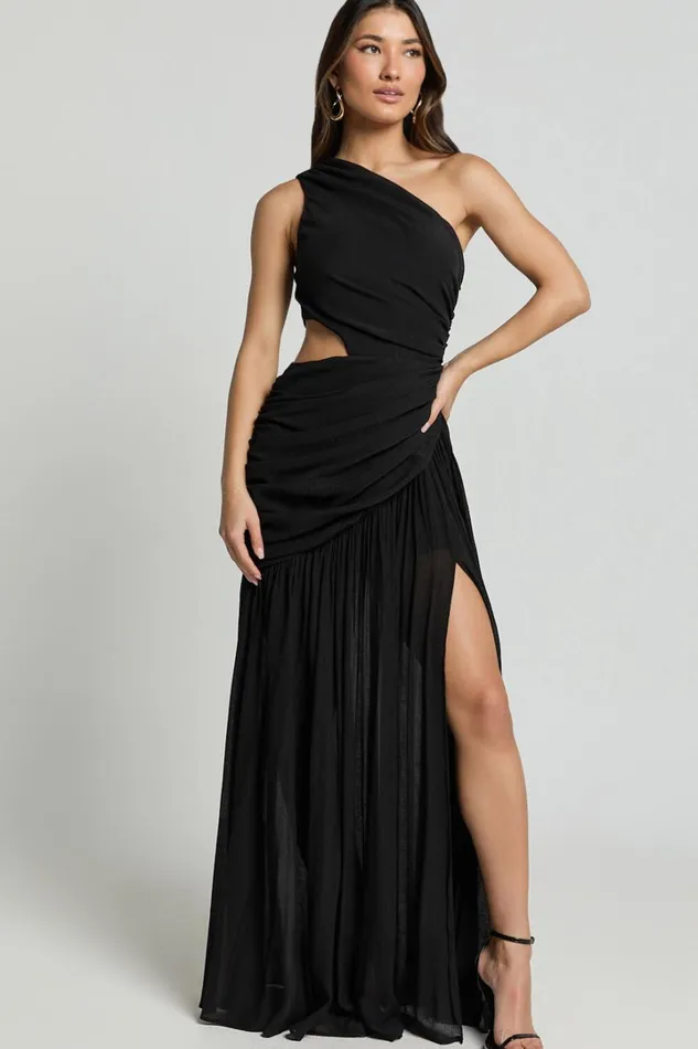 Darcy Maxi Dress 8211 One Shoulder Side Cut Out Gathered Dress In Black Women Showpo Curve Clothes