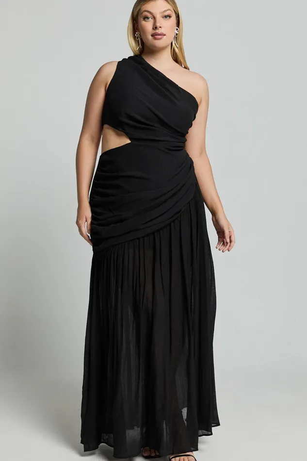 Darcy Maxi Dress 8211 One Shoulder Side Cut Out Gathered Dress In Black Women Showpo Curve Clothes