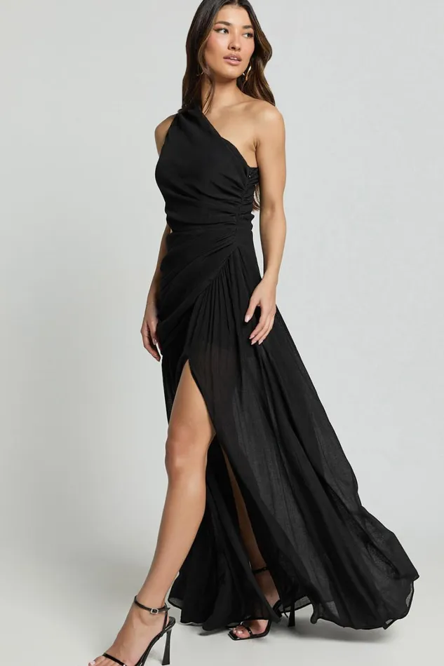 Darcy Maxi Dress 8211 One Shoulder Side Cut Out Gathered Dress In Black Women Showpo Curve Clothes