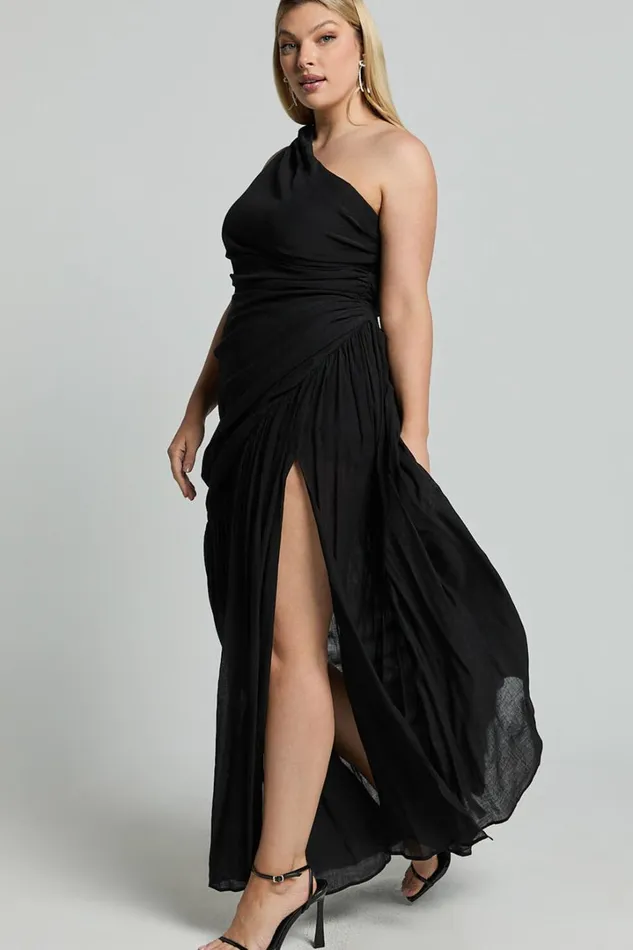 Darcy Maxi Dress 8211 One Shoulder Side Cut Out Gathered Dress In Black Women Showpo Curve Clothes