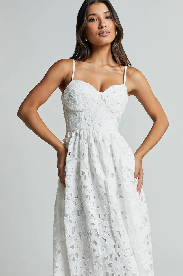 Deborah Midi Dress 8211 Strappy Sweetheart Neck Corset Lace Dress In White Women Showpo Curve Clothes