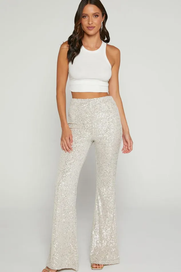 Deliza Pants 8211 Mid Waisted Sequin Flare Pants In Champagne Women Showpo Curve Clothes