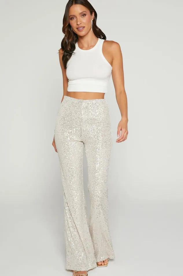 Deliza Pants 8211 Mid Waisted Sequin Flare Pants In Champagne Women Showpo Curve Clothes