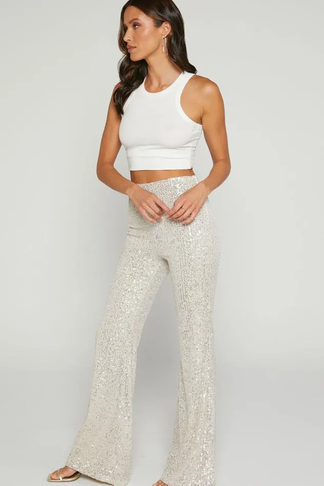 Deliza Pants 8211 Mid Waisted Sequin Flare Pants In Champagne Women Showpo Curve Clothes