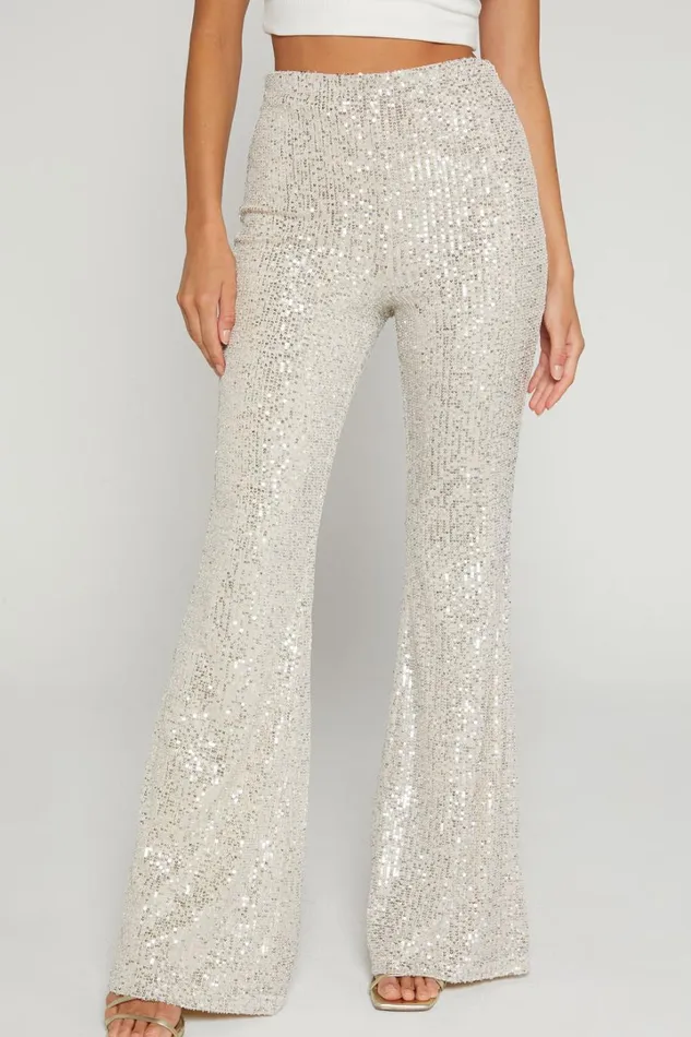 Deliza Pants 8211 Mid Waisted Sequin Flare Pants In Champagne Women Showpo Curve Clothes