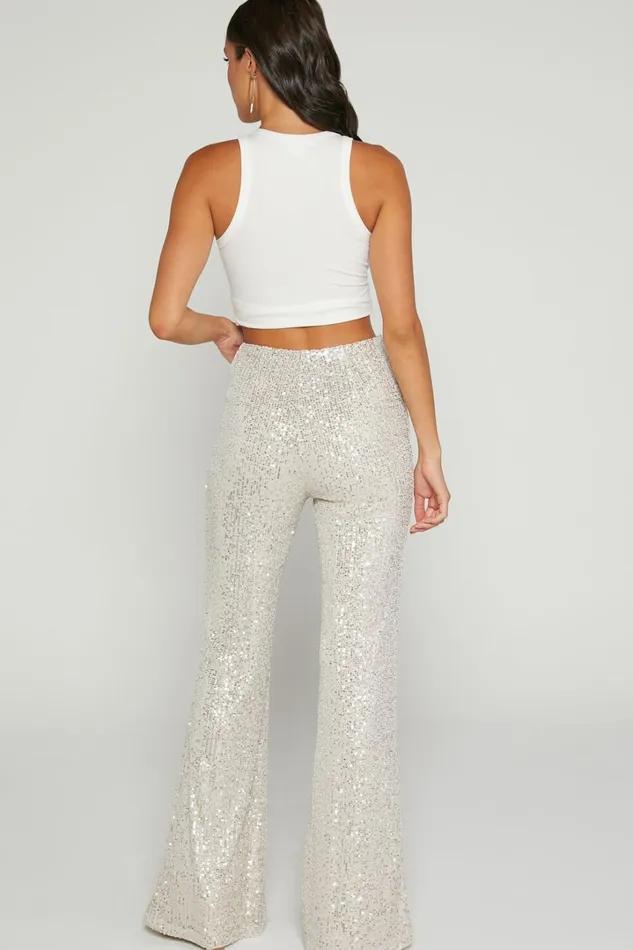 Deliza Pants 8211 Mid Waisted Sequin Flare Pants In Champagne Women Showpo Curve Clothes