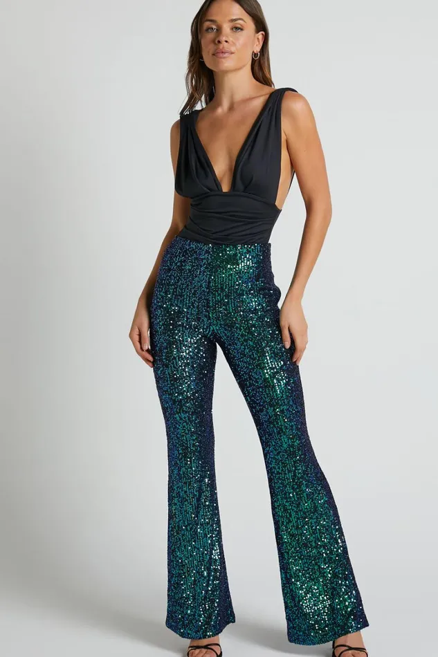 Deliza Pants 8211 Mid Waisted Sequin Flare Pants In Mermaid Teal Women Showpo Pants